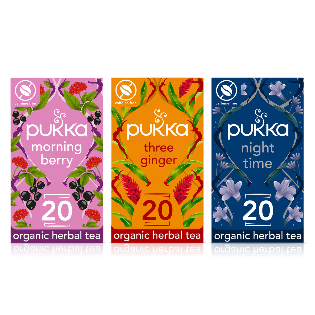 Pukka Herbs, Day To Night Herbal Tea Bundle, Morning Berry, Three Ginger & Night Time, 20 Teabags each (3 Pack)