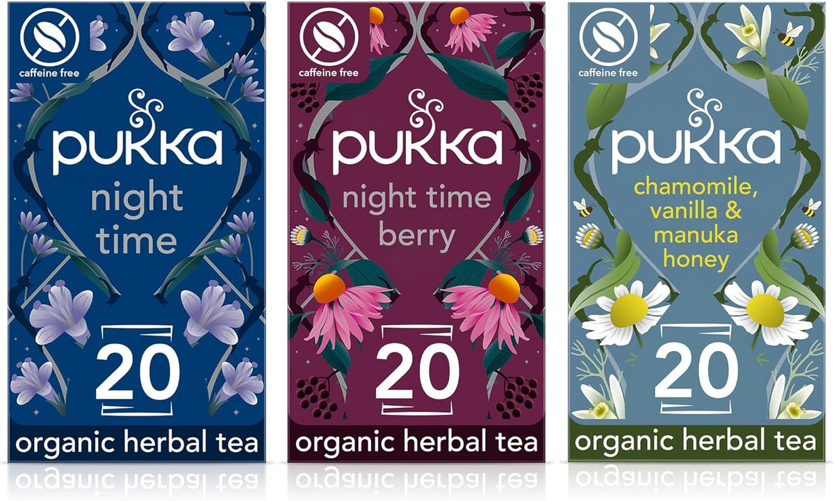 Pukka Herbs, Chamomile Calm Herbal Tea Bundle, Night Time, Night Time Berry & Chamomile, Vanilla & Manuka Honey Tea, 20 Teabags each (3 Pack)