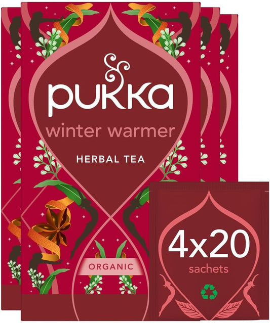 Pukka Herbs | Winter Warmer Organic Herbal Tea | Limited Edition | Ginger, Cinnamon, Clove, Orange | Perfect For Festive Spirit | 4 packs | 80 Sachets