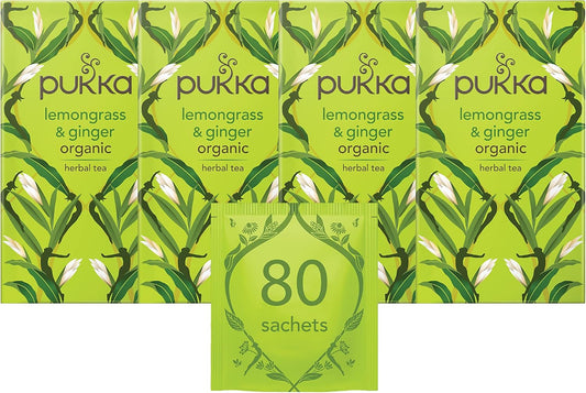 Pukka Herbs | Lemongrass & Ginger Organic Herbal Tea | Lemongrass, Ginger, Lemon Verbena Leaf and Licorice | Perfect For Feeling Strong | 4 Pack | 80 Sachets