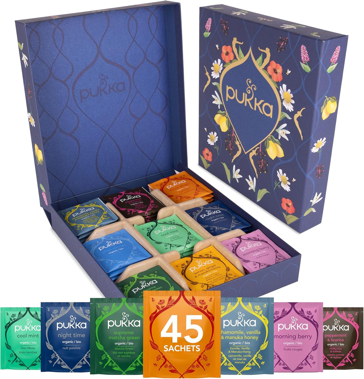 Pukka Herbs Herbal Tea Selection Box 9 Flavours, 45 Sachets, Organic Herbal Tea, Tea Collection, Green Tea, Chamomile Tea, Fennel Tea