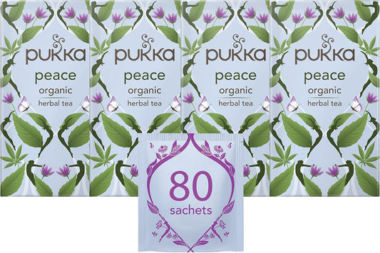 Pukka Herbs | Peace Organic Herbal Tea Box | Tea Infusion With Chamomile, Spearmint and Ashwagandha | Perfect For Calming & Sleep | Caffeine Free | 4 Packs | 80 Plant Based Biodegradable Tea Bags