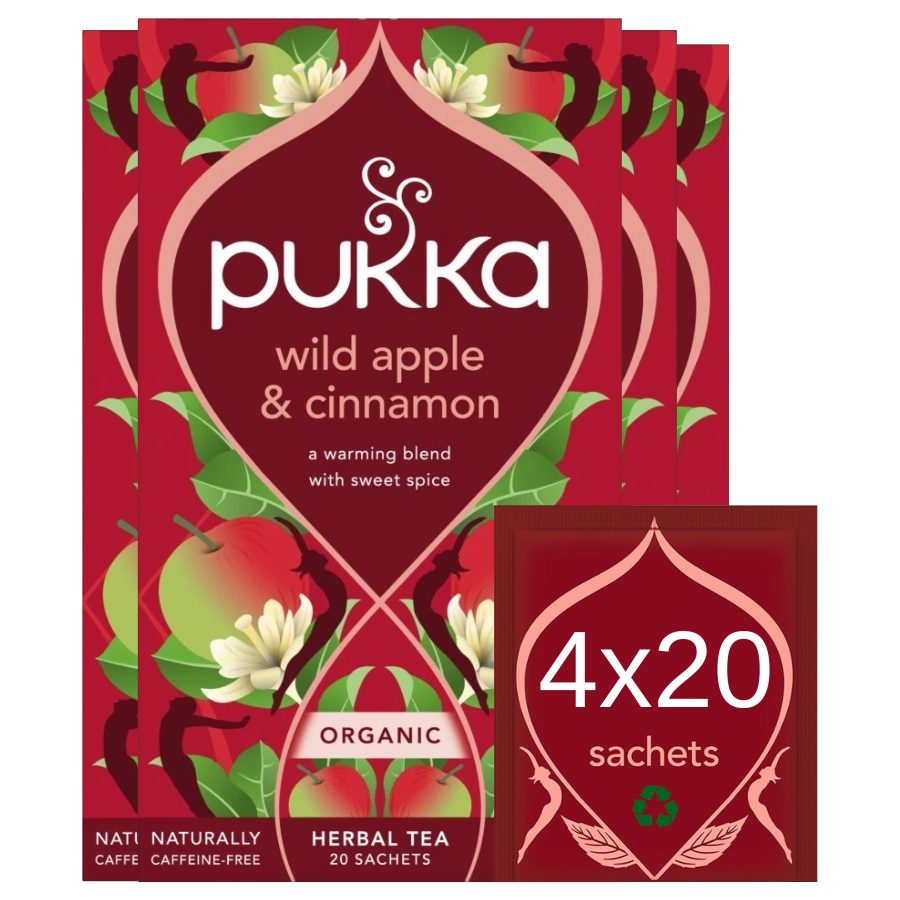 Pukka Herbs | Wild Apple and Cinnamon Organic Herbal Tea Box | Infusion With Ginger, Orange and Cardamom | Perfect For Bright Energy | Caffeine Free | 4 Packs | 80 Plant Based Biodegradable Tea Bags