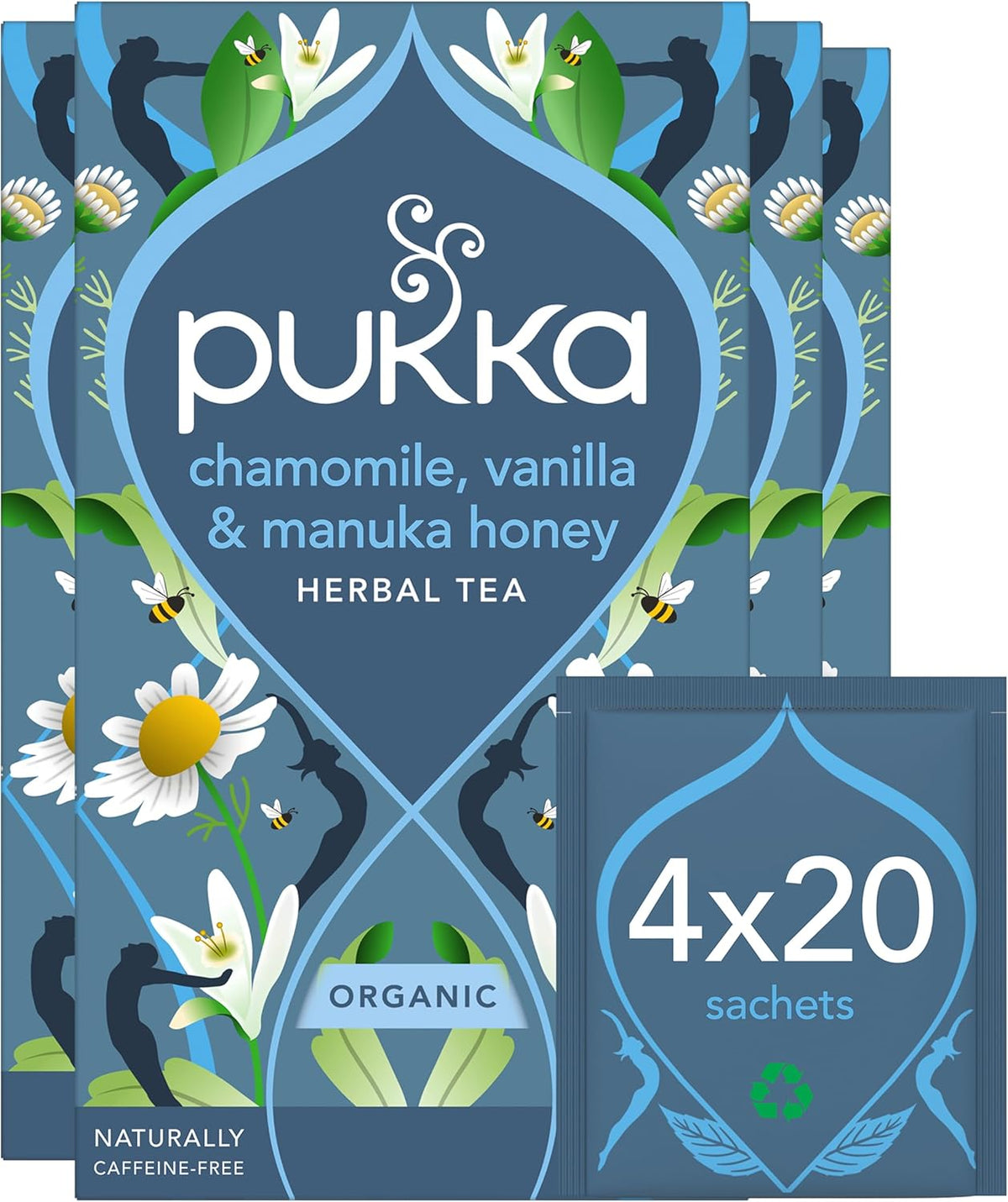 Pukka Herbs | Chamomile, Vanilla and Manuka Honey Organic Herbal Tea Box | Infusion With Licorice & Fennel | Perfect For Calming | Caffeine Free | 4 Packs | 80 Plant Based Biodegradable Tea Bags