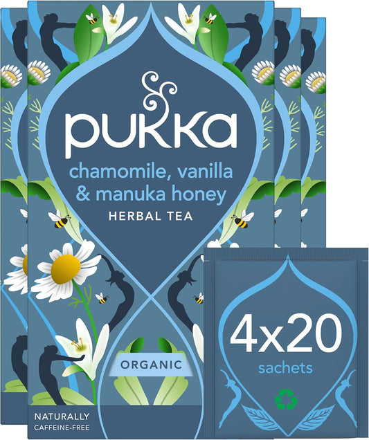 Pukka Herbs | Chamomile, Vanilla and Manuka Honey Organic Herbal Tea Box | Infusion With Licorice & Fennel | Perfect For Calming | Caffeine Free | 4 Packs | 80 Plant Based Biodegradable Tea Bags