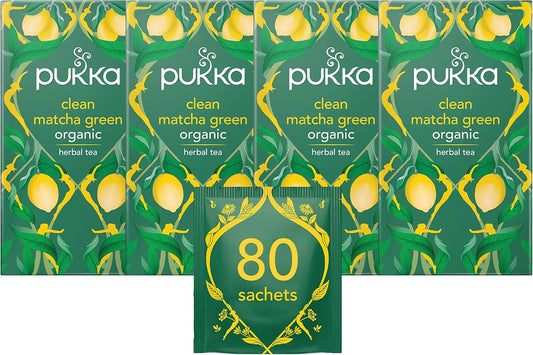 Pukka Herbs | Clean Matcha Green Organic Tea Box | Green Tea, Lemon, Fennel and Matcha Powder | Perfect For Everyday Vitality | 4 Packs | 80 Plant Based Biodegradable Tea Bags