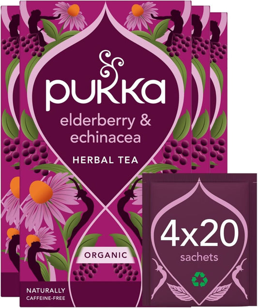 Pukka Herbs | Elderberry and Echinacea Organic Herbal Tea Box | Infusion With Aniseed and Ginger | Perfect For Everyday Support | Caffeine Free | 4 Packs | 80 Plant Based Biodegradable Tea Bags