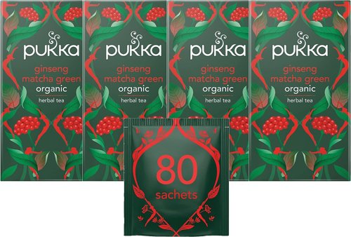 Pukka Herbs | Ginseng Matcha Green Organic Tea Box | Ginseng, Lemongrass, Ginger, Matcha & Green Tea | For Everyday Vitality | 4 Packs | 80 Plant Based Biodegradable Tea Bags