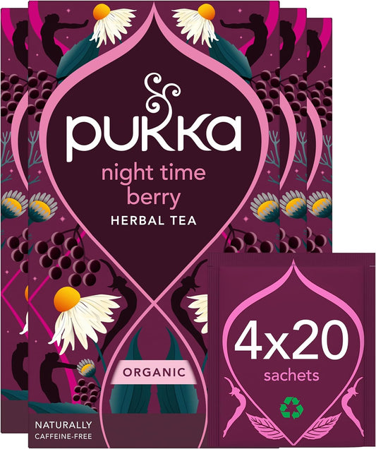 Pukka Herbs | Night Time Berry Organic Herbal Sleep Tea Box | Chamomile, Lavender & Elderberry Tea | Ideal For Bedtime Relaxation | Caffeine Free | 4 Packs | 80 Plant Based Biodegradable Tea Bags