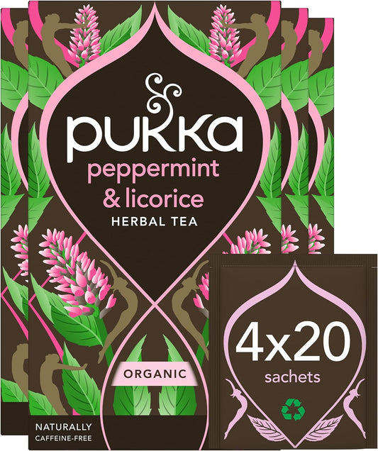 Pukka Herbs | Organic Peppermint & Licorice Herbal Tea Box | Ideal Digestive Infusion Selection | Soothing After-Meal Tea | Caffeine Free | 4 Packs | 80 Plant Based Biodegradable Tea Bags