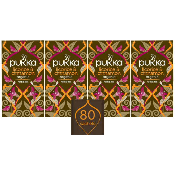 Pukka Herbs | Licorice and Cinnamon Organic Herbal Tea Box | Infusion With Cardamom, Cocoa and Chicory | Perfect For Feeling Cosy | Caffeine Free | 4 Packs | 80 Plant Based Biodegradable Tea Bags