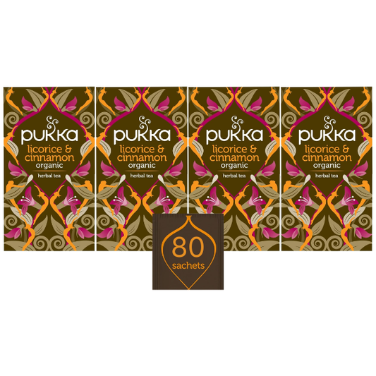 Pukka Herbs | Licorice and Cinnamon Organic Herbal Tea Box | Infusion With Cardamom, Cocoa and Chicory | Perfect For Feeling Cosy | Caffeine Free | 4 Packs | 80 Plant Based Biodegradable Tea Bags
