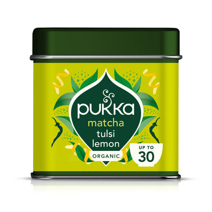 Pukka Herbs Tulsi Lemon Organic Matcha Powder, 30g Tin, Fresh & Harmonious zesty flavour for matcha lattes, organic ceremonial matcha, fresh tulsi & lemon, resealable tin. Up to 30 servings.