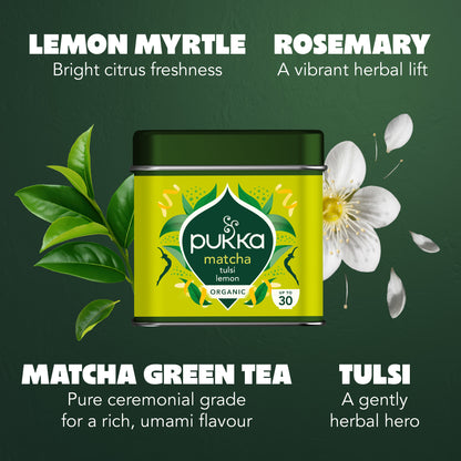Pukka Herbs Tulsi Lemon Organic Matcha Powder, 30g Tin, Fresh & Harmonious zesty flavour for matcha lattes, organic ceremonial matcha, fresh tulsi & lemon, resealable tin. Up to 30 servings.