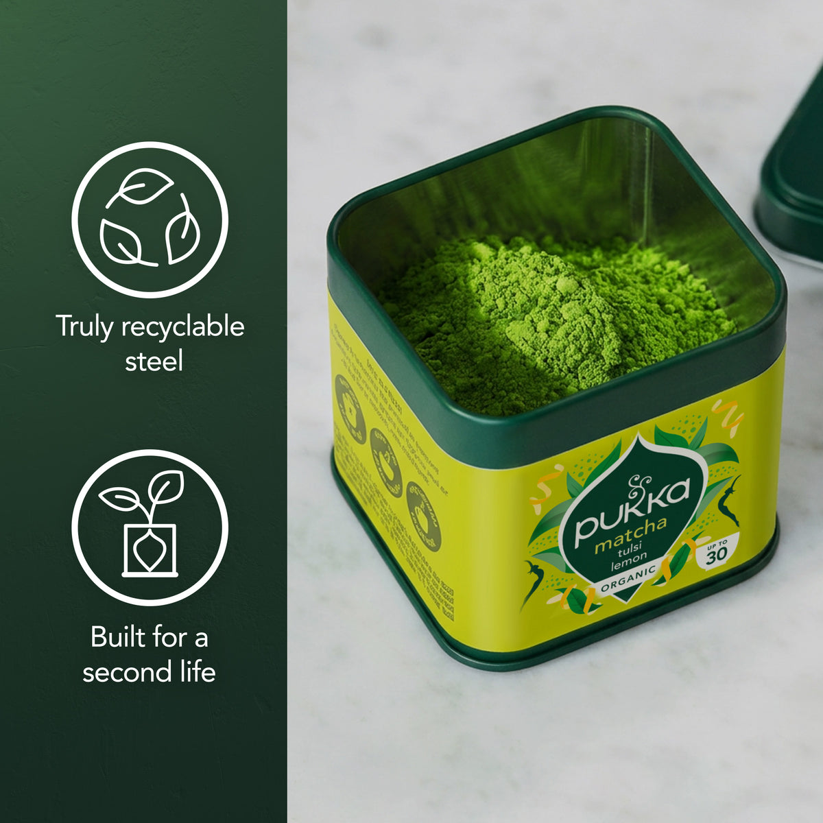 Pukka Herbs Tulsi Lemon Organic Matcha Powder, 30g Tin, Fresh & Harmonious zesty flavour for matcha lattes, organic ceremonial matcha, fresh tulsi & lemon, resealable tin. Up to 30 servings.