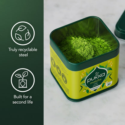 Pukka Herbs Tulsi Lemon Organic Matcha Powder, 30g Tin, Fresh & Harmonious zesty flavour for matcha lattes, organic ceremonial matcha, fresh tulsi & lemon, resealable tin. Up to 30 servings.