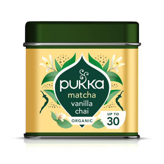 Pukka Herbs Vanilla Chai Organic Matcha Powder, 30g Tin, Warming & Aromatic Festive Flavour for matcha lattes, organic matcha with ginger & cinnamon, warming chai spices and vanilla, resealable tin. Up to 30 servings.