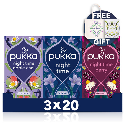 Pukka Herbs Sleep Tea Bundle, Night Time, Night Time Berry & Night Time Apple Chai, 60 Teabags