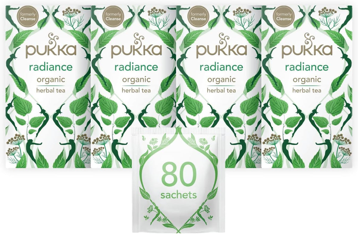 Pukka Herbs | Radiance Organic Herbal Tea Box | Fennel, Aloe Vera, Peppermint, Dandelion and Nettle Tea | Perfect For An Inner Glow | Caffeine Free | 4 Packs | 80 Plant Based Biodegradable Tea Bags