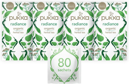 Pukka Herbs | Radiance Organic Herbal Tea Box | Fennel, Aloe Vera, Peppermint, Dandelion and Nettle Tea | Perfect For An Inner Glow | Caffeine Free | 4 Packs | 80 Plant Based Biodegradable Tea Bags