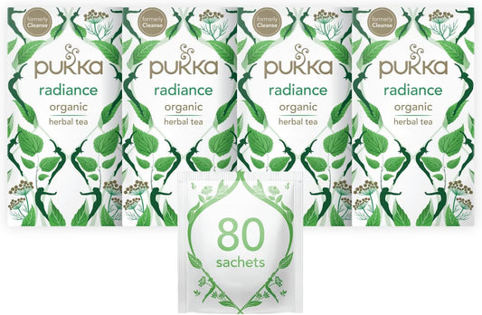 Pukka Herbs | Radiance Organic Herbal Tea Box | Fennel, Aloe Vera, Peppermint, Dandelion and Nettle Tea | Perfect For An Inner Glow | Caffeine Free | 4 Packs | 80 Plant Based Biodegradable Tea Bags