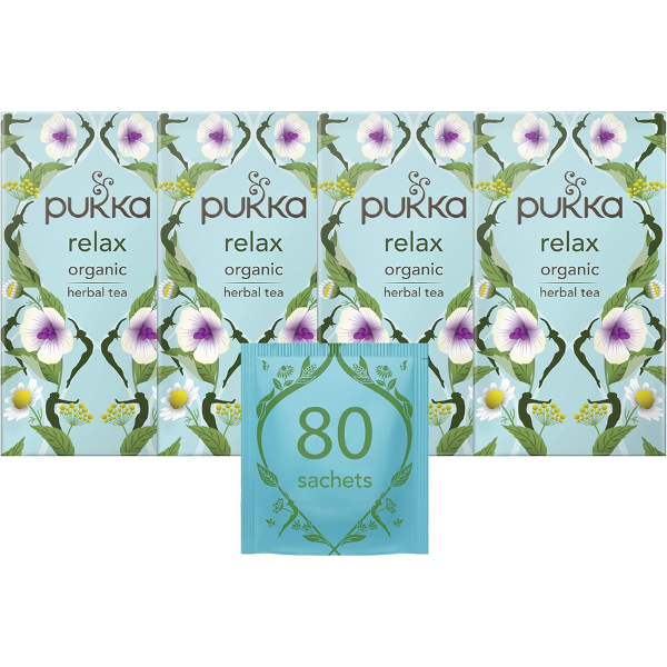 Pukka Herbs | Relax Organic Herbal Tea Box | Tea Infusion With Chamomile, Cardamon and Fennel | Perfect For Calming | Caffeine Free | 4 Packs | 80 Plant Based Biodegradable Tea Bags