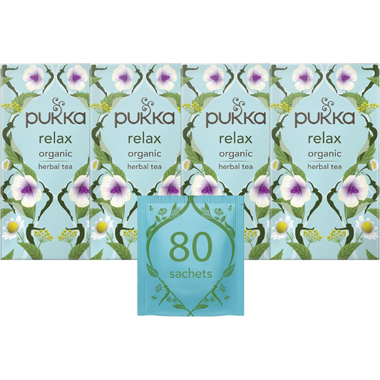 Pukka Herbs | Relax Organic Herbal Tea Box | Tea Infusion With Chamomile, Cardamon and Fennel | Perfect For Calming | Caffeine Free | 4 Packs | 80 Plant Based Biodegradable Tea Bags