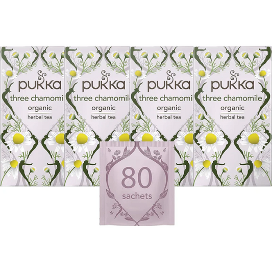 Pukka Herbs | Three Chamomile Organic Herbal Tea Box | Infusion With African, Egyptian & European Chamomile | Perfect For Calming | Caffeine Free | 4 Packs | 80 Plant Based Biodegradable Tea Bags