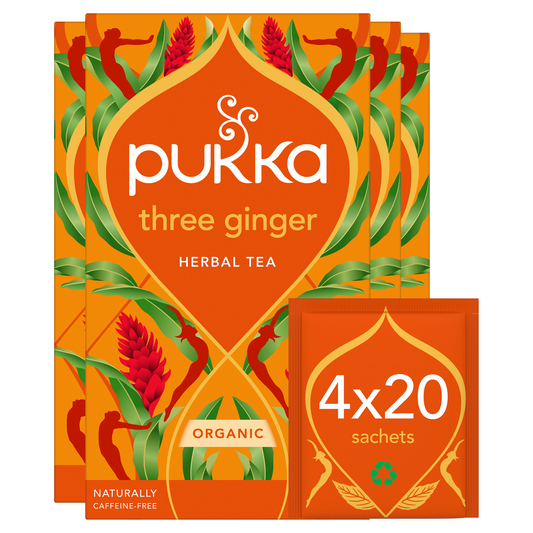 Pukka Herbs | Three Ginger Organic Herbal Tea Box | Digestion-Aiding Infusion With Ginger, Turmeric, And Galangal | Ideal After Meals | Caffeine Free | 4 Packs | 80 Plant Based Biodegradable Tea Bags