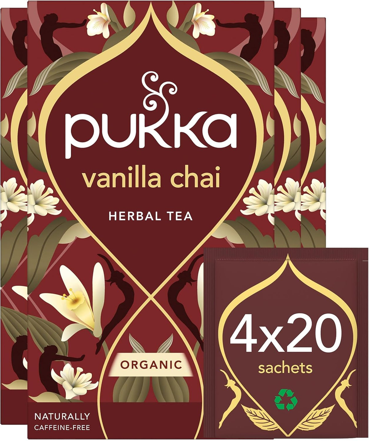 Pukka Herbs | Vanilla Chai Organic Herbal Tea Box | Energising Infusion With Cinnamon, Cardamom, Ginger, Fennel | Perfect For Vitality | Caffeine Free | 4 Packs | 80 Plant Based Biodegradable Tea Bags