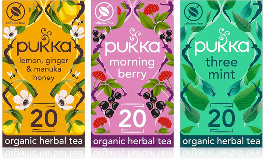 Pukka Herbs, Herbal Wellness Tea Bundle, Lemon Ginger & Manuka Honey, Morning Berry & Three Mint, 20 Teabags each (3 Pack)