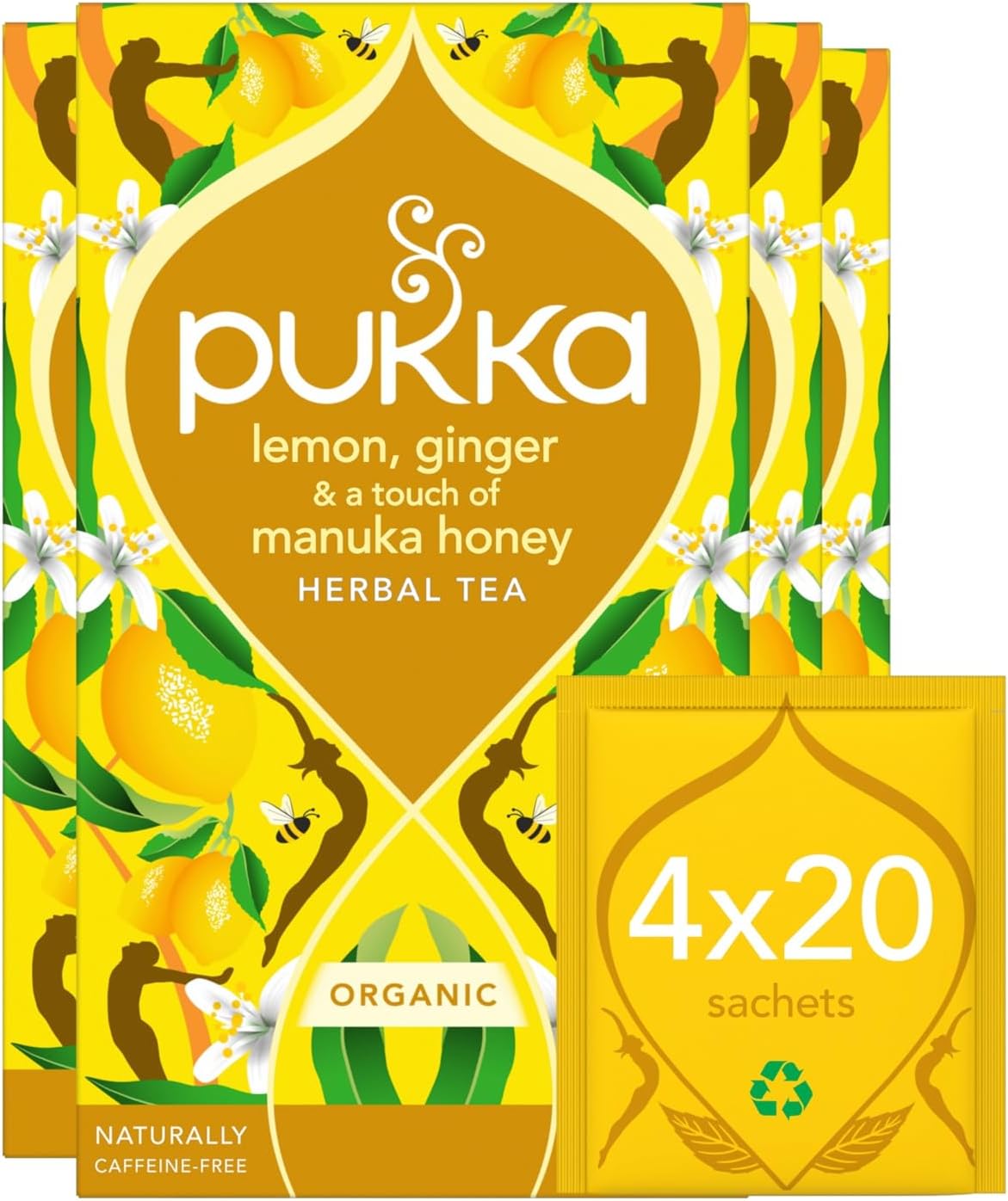 Pukka Herbs | Organic Lemon, Ginger & Manuka Honey Herbal Tea Box | Immune Boosting Infusion With Turmeric | Ideal For Daily Support | Caffeine Free | 4 Packs | 80 Plant Based Biodegradable Tea Bags