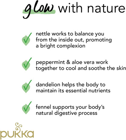 Pukka Herbs | Radiance Organic Herbal Tea Box | Fennel, Aloe Vera, Peppermint, Dandelion and Nettle Tea | Perfect For An Inner Glow | Caffeine Free | 4 Packs | 80 Plant Based Biodegradable Tea Bags