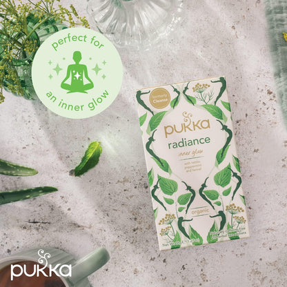 Pukka Herbs | Radiance Organic Herbal Tea Box | Fennel, Aloe Vera, Peppermint, Dandelion and Nettle Tea | Perfect For An Inner Glow | Caffeine Free | 4 Packs | 80 Plant Based Biodegradable Tea Bags